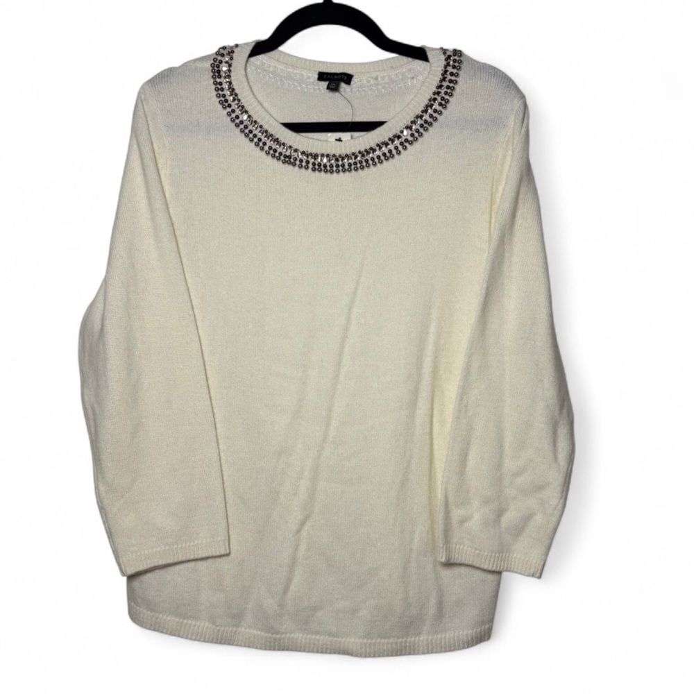 Talbots XL Cream Beaded Collar Sweater NWT Cashmere Wool Blend